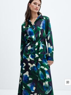 Mango Green & Blue Floral Belted Long-Sleeve Shirt Dress